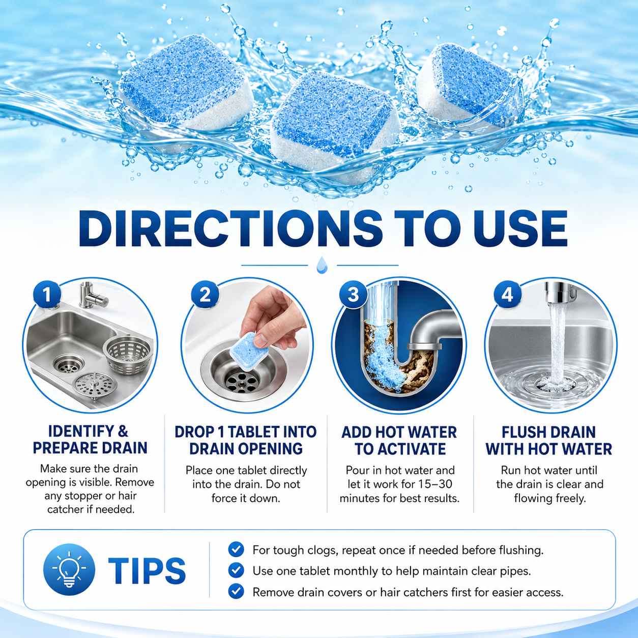 🔥 FINAL 3 HOURS💥🫧Drain Cleaning Tablets 12 Pack For Sinks, Showers & Washing Machines