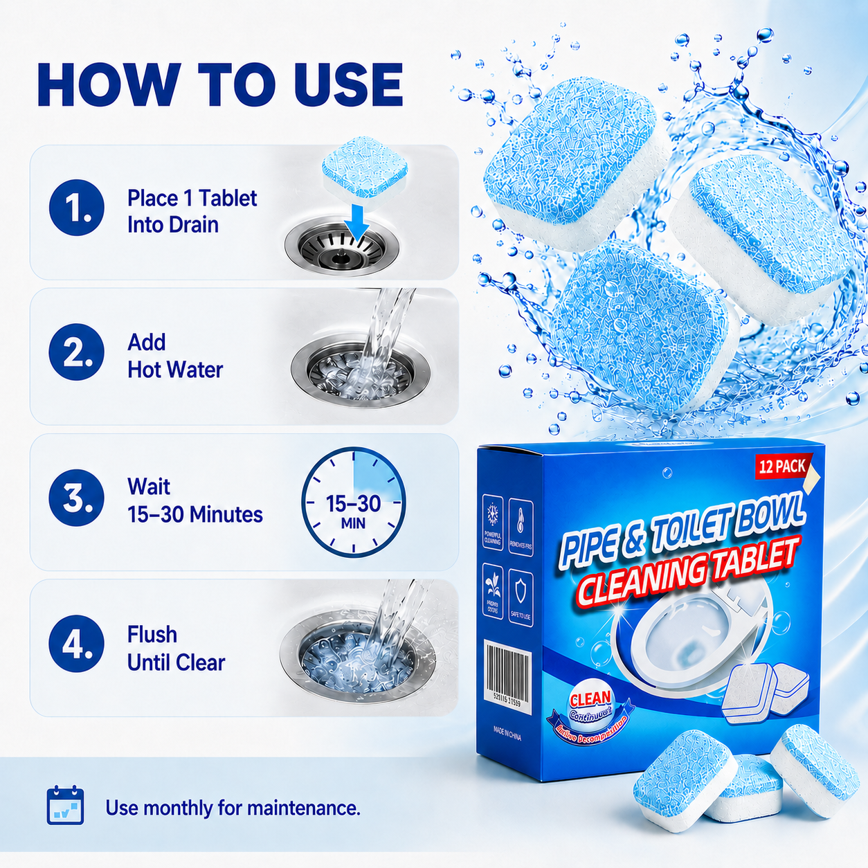 🔥 FINAL 3 HOURS💥🫧Drain Cleaning Tablets 12 Pack For Sinks, Showers & Washing Machines